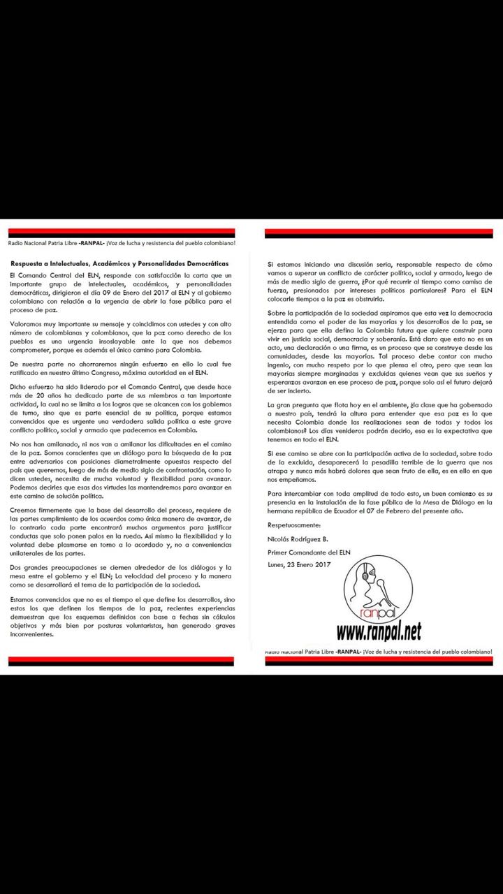 carta intelectuales respuesta eln